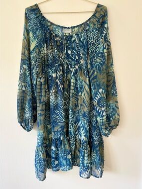 Wallis Blue Sheer Boho Peasant Dress Tunic Printed Long Sleeve